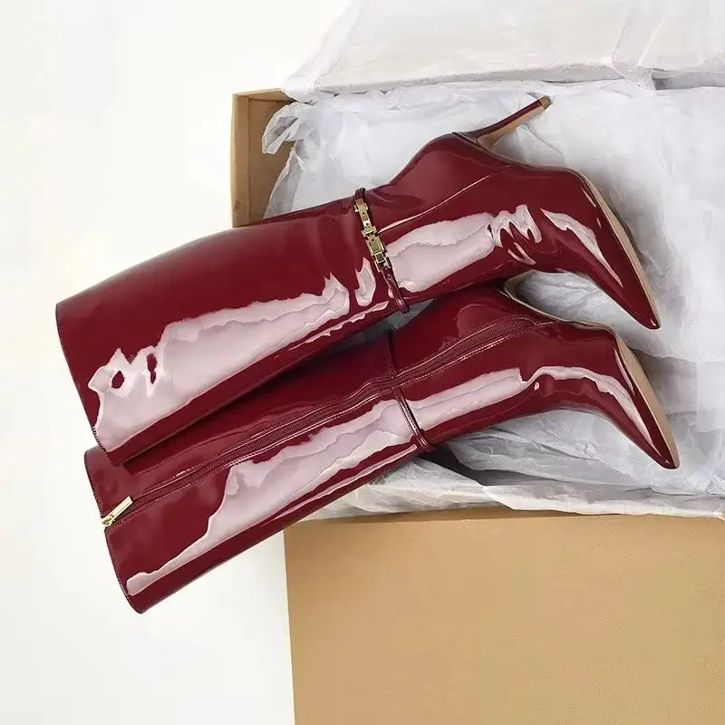 Pointed Toe Stiletto High Heels Belt Buckle Zipper High-Top Boats Female New Burgundy Wine Red Patent Leather Women's Long Boots