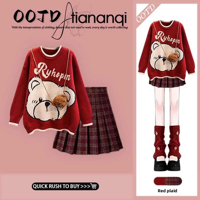 

Retro Bear Sweet Sle Women's Knitted Sweater round Ne Long Sve Autumn Winter Set with Plaid Skirt Faion Ensemble