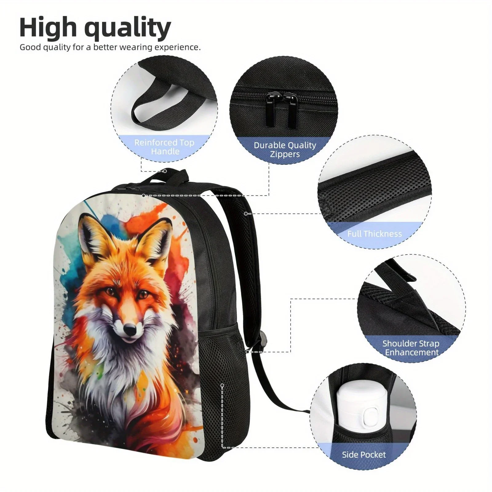 Large Capacity Watercolor Fox Casual Backpack - Lightweight, Adjustable Shoulder Bag with Polyester Lining and Zipper Closure