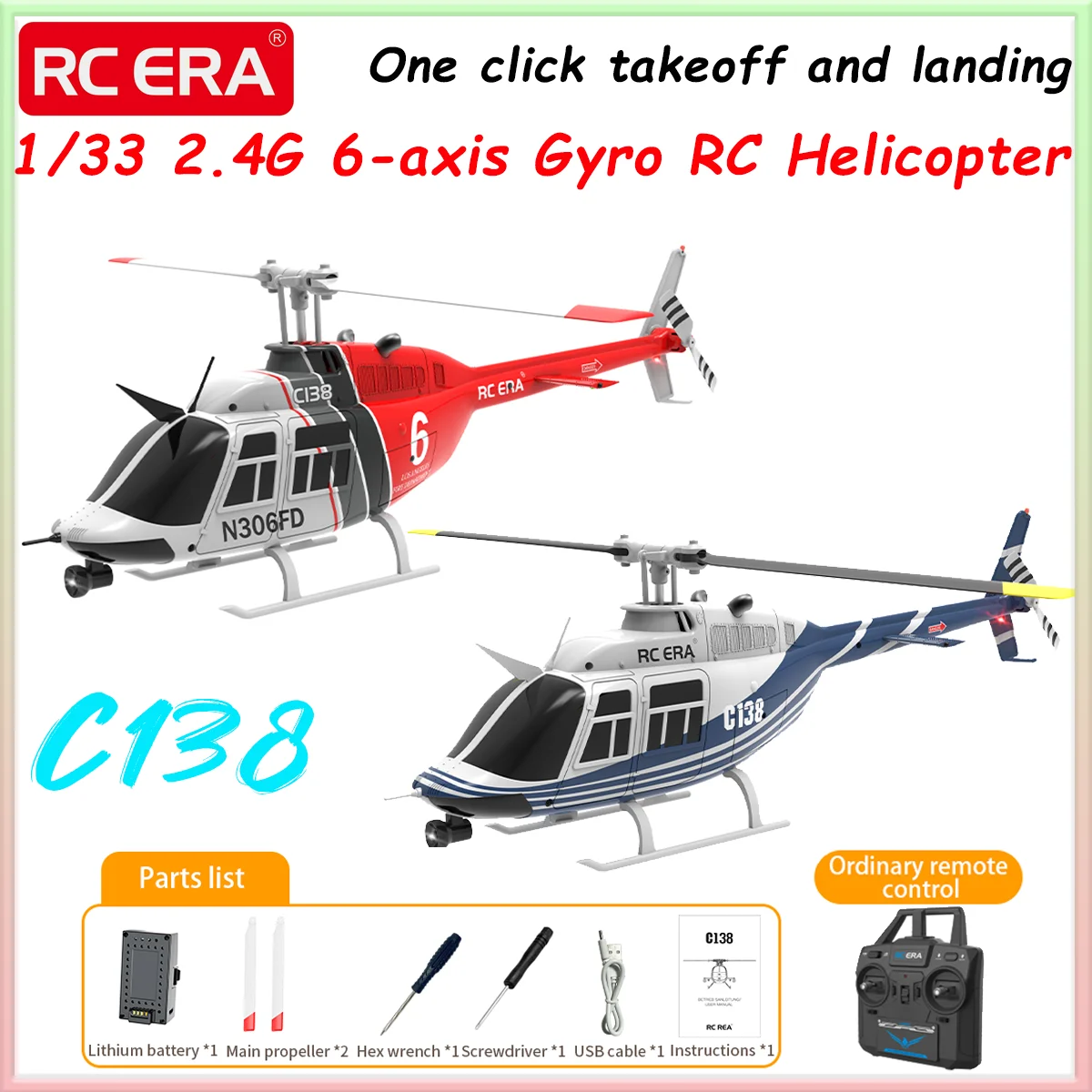 

RC ERA C138 BELL 206 Jet Ranger 6-axis Gyro Stabilized Altitude Hold 2.4G 4CH 1/33 RC Helicopter Aircraft Hobby for Adults -RTF
