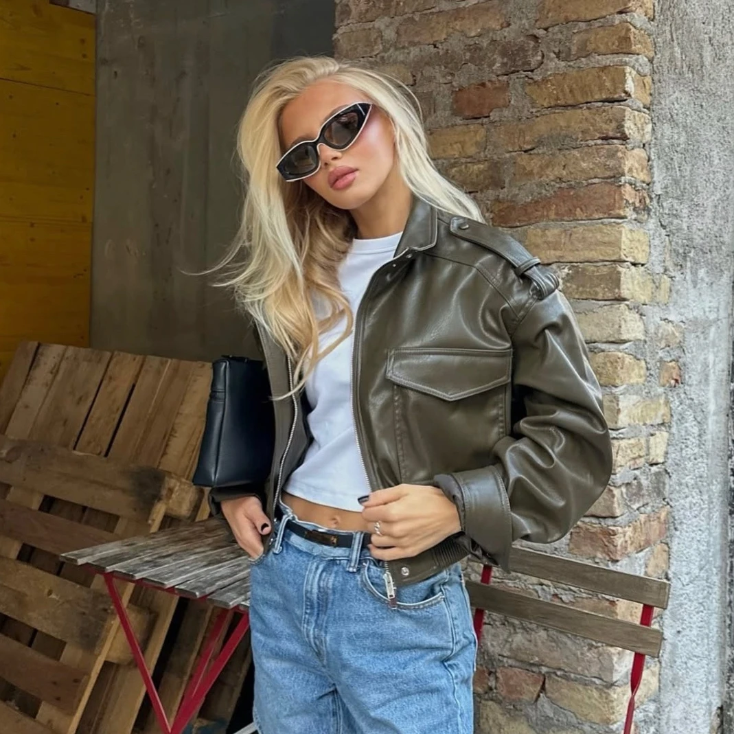 Suninheart Winter Faux Leather Bomber Jacket Women Short Zipper Front Lapel Outerwear Multiple Pockets Warm Jackets