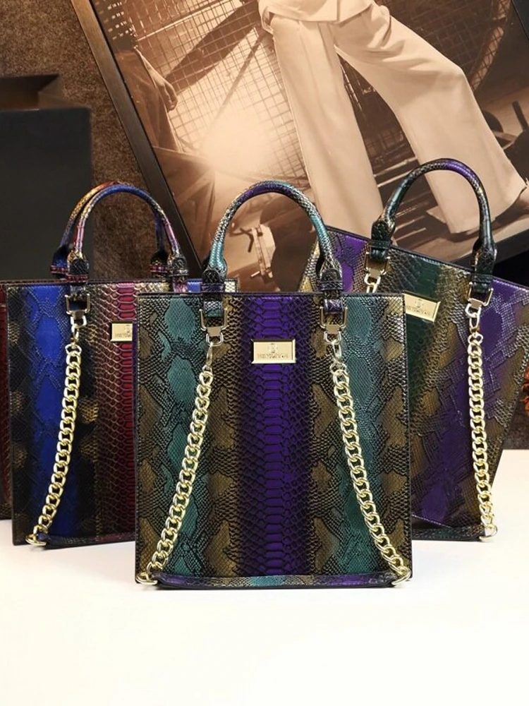 Trendy Snake Skin Pattern Leather Handbag Women's Shoulder Bag Versatile Tote Bag Hard  Dual Strap Zipper Closure Bag