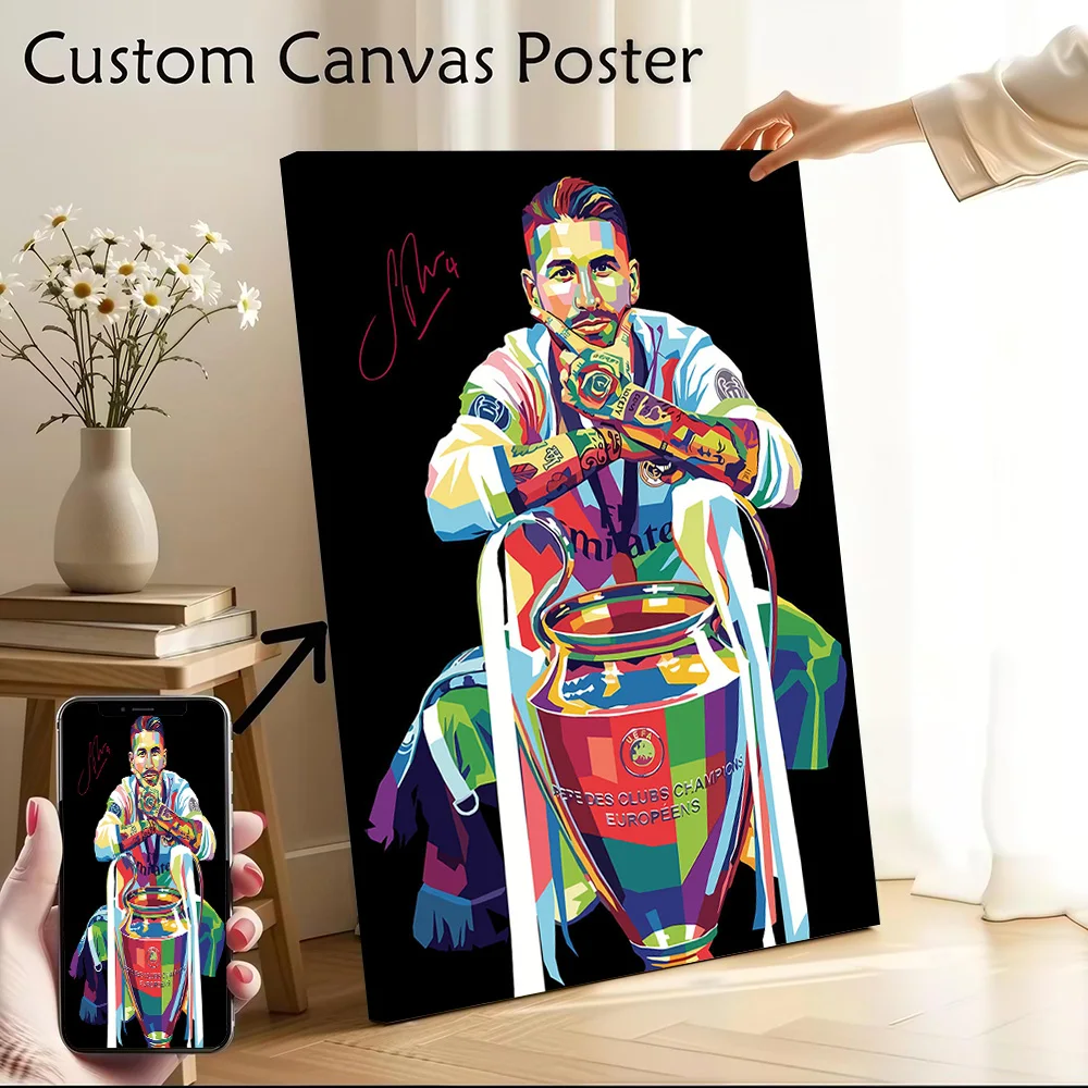 Póster de Lona con Diseño Pop Art de Sergio Ramos de la Champions League, Cuadros Personalizados, Arte de Pared en Lona para Decoración de Habitaciones, Decoración de Pared