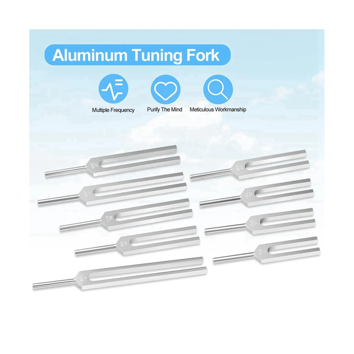 9 Silver Tuning Forks for Healing Chakras, Sound Therapy, Maintaining Perfect Harmony of Body, Mind and Spirit