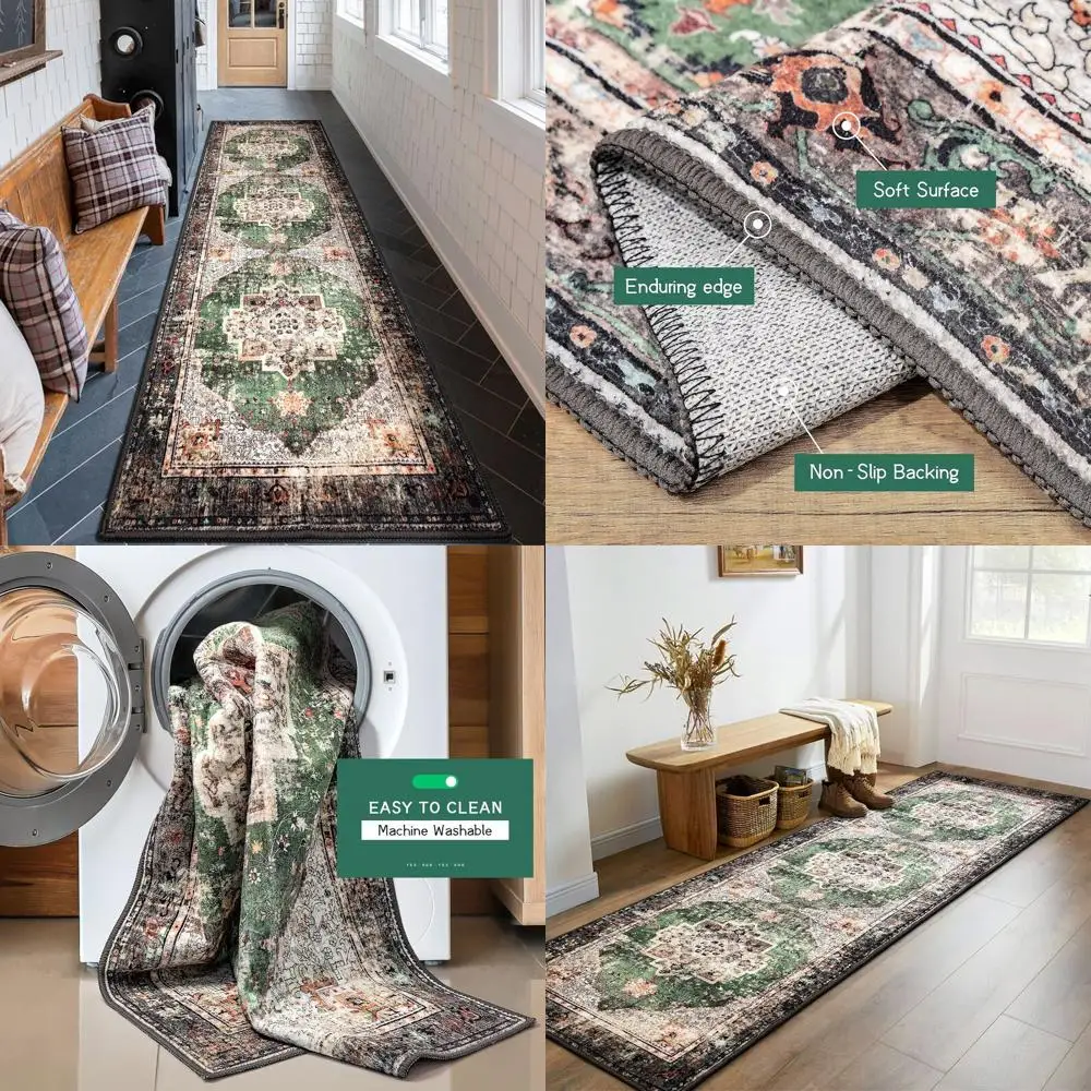 

Vintage Distressed Boho Green Area Rug - Lightweight, Non-Slip, Washable for Hallway, Laundry, and Bathroom