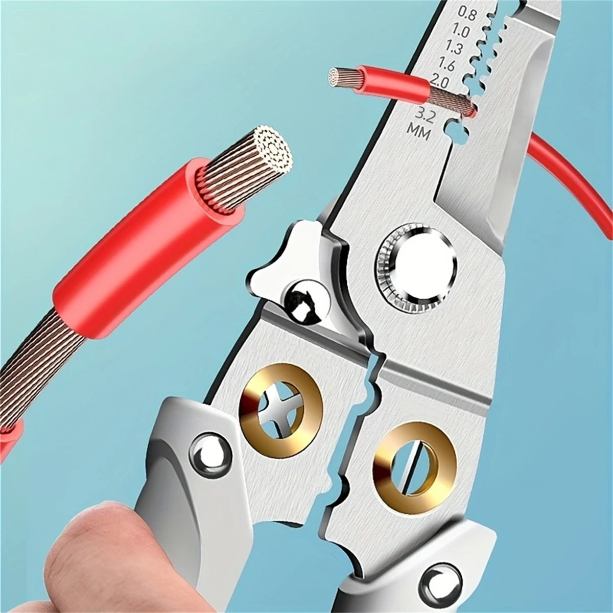 Heavy-duty stainless steel pliers and wire strippers for cutting, stripping, crimping, clamping, twisting, and removing nails