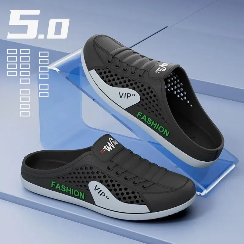 New Men Sandals Open-Toe Slip-On Breathable Mesh Beach Shoes Summer Outdoor Casual Thick Bottom PVC Flat Footwear Slippers 2026 image 4
