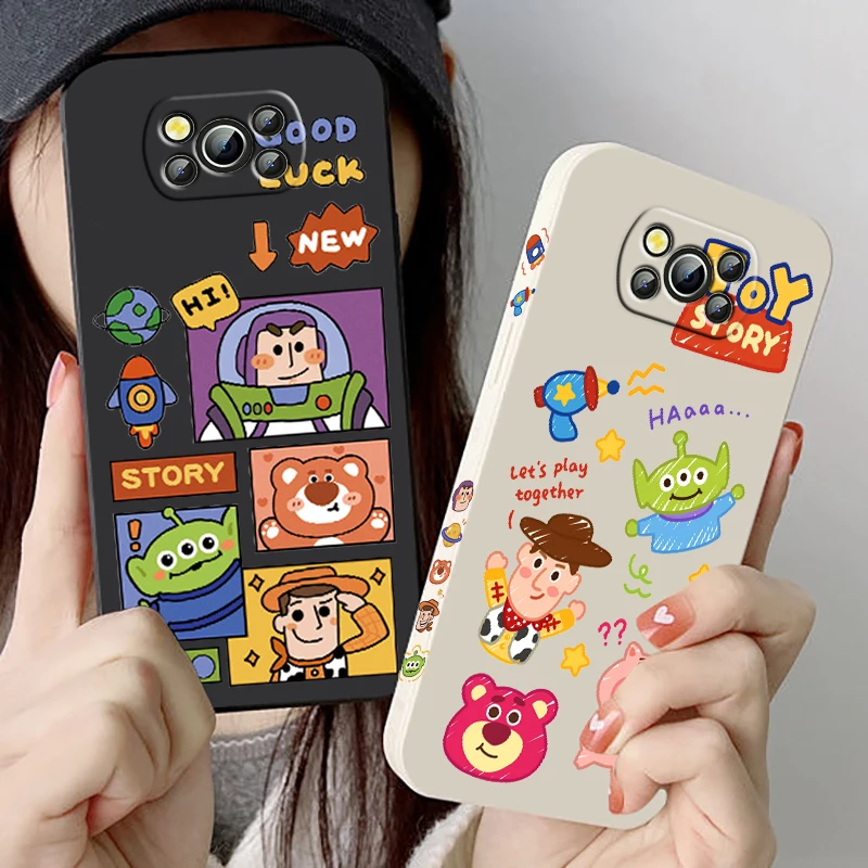 Cartoon Buzz Lightyear Phone Case For Xiaomi Poco X4 X3 F4 F3 NFC M5 M4 M3 GT S Pro 4G 5G Liquid Left Rope Cover