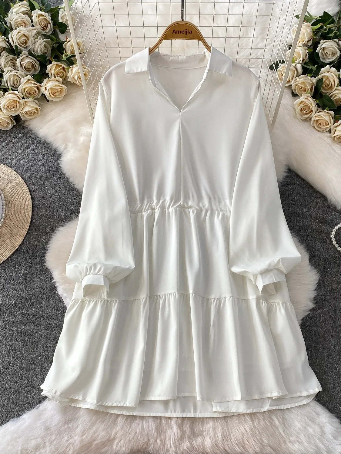 우아한 새틴 셔츠 드레스 여성용 랜턴 소매 드로스트링 허리 슬림핏 헴 숏 스커트 프렌치 스타일 하이웨이스트 레귤러 두께