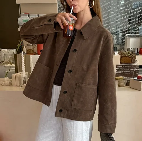 

Suede collar long sleeved jacket for women, simple and luxurious, loose and slimming cardigan