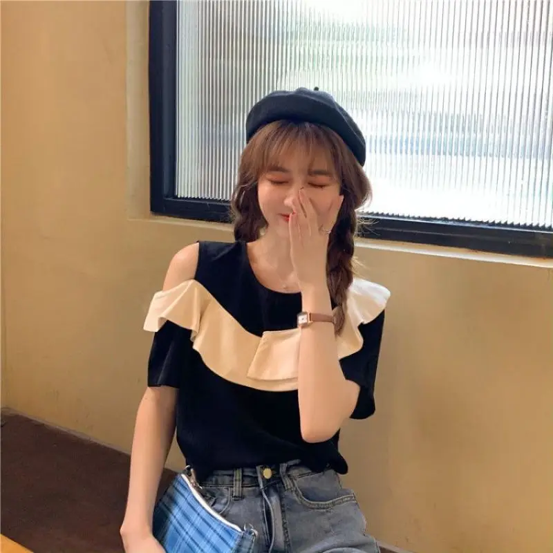 Women Summer French Loose Fashion Ruffles Off Shoulder O-neck Short Sleeve T-Shirt Ladies Casual All-match Appear Thin Top Tee