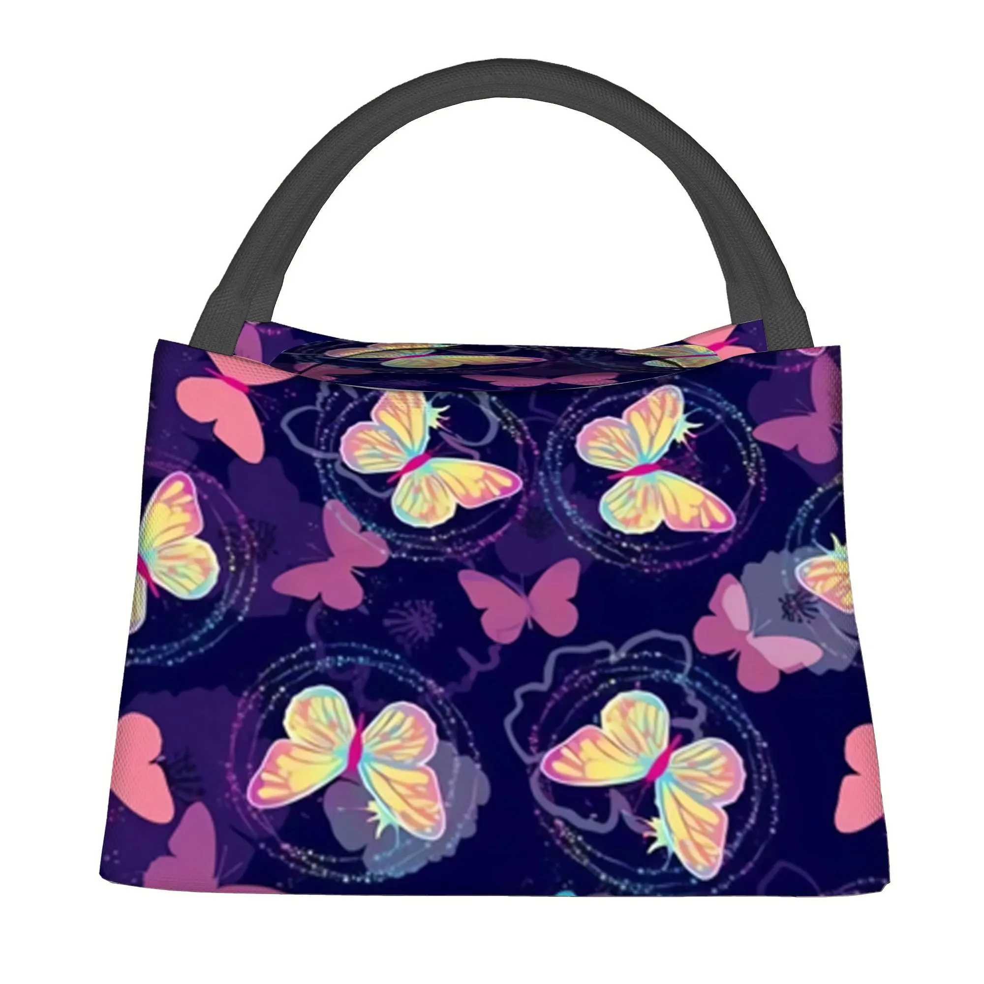 Butterfly Print Insulated Tote Bag Oxford Fabric Portable Reusable for Office Picnic Travel