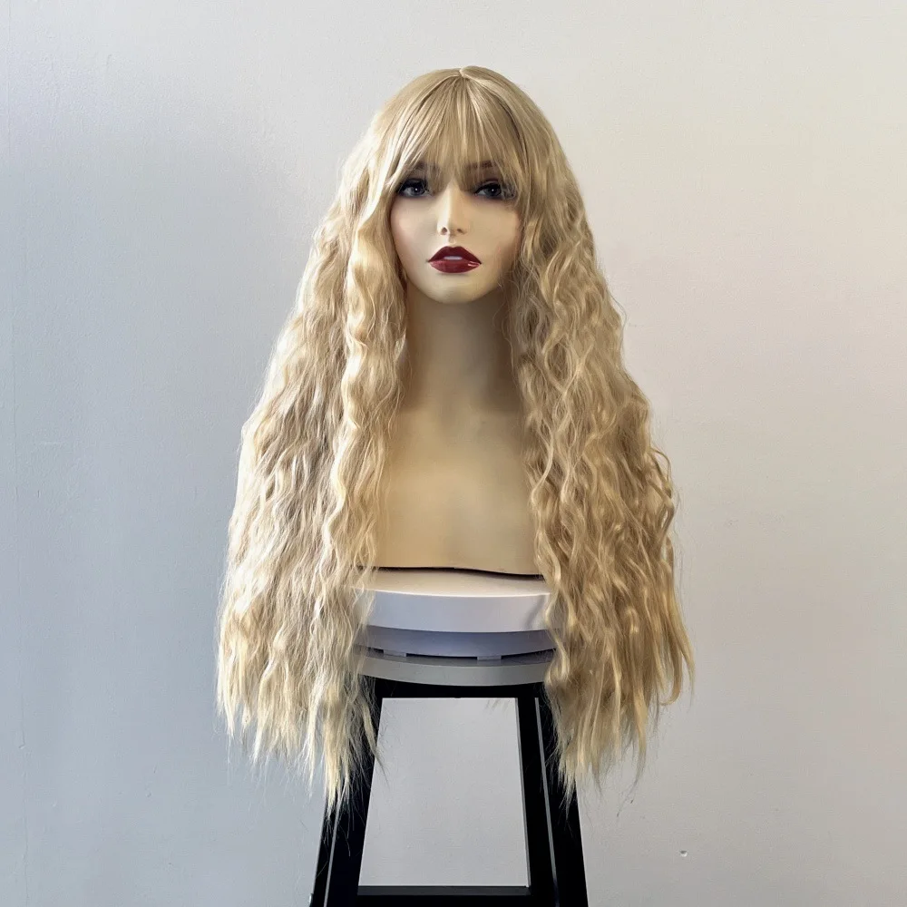 Wig Women's Light Golden Bangs, Wavy Long Curly Hair With An Atmosphere, Full Hair Cover