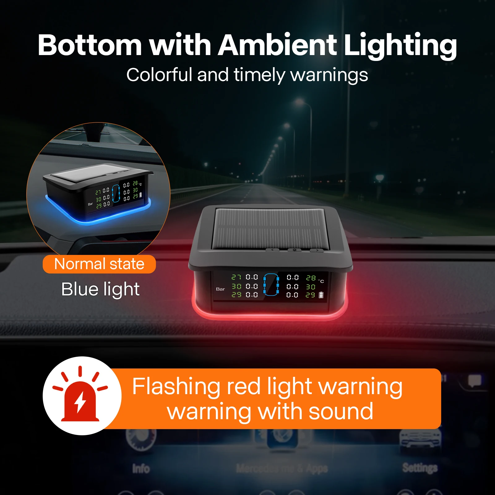 

Solar tire pressure monitor for cars and trucks, with interchangeable air pressure detector and ambient light