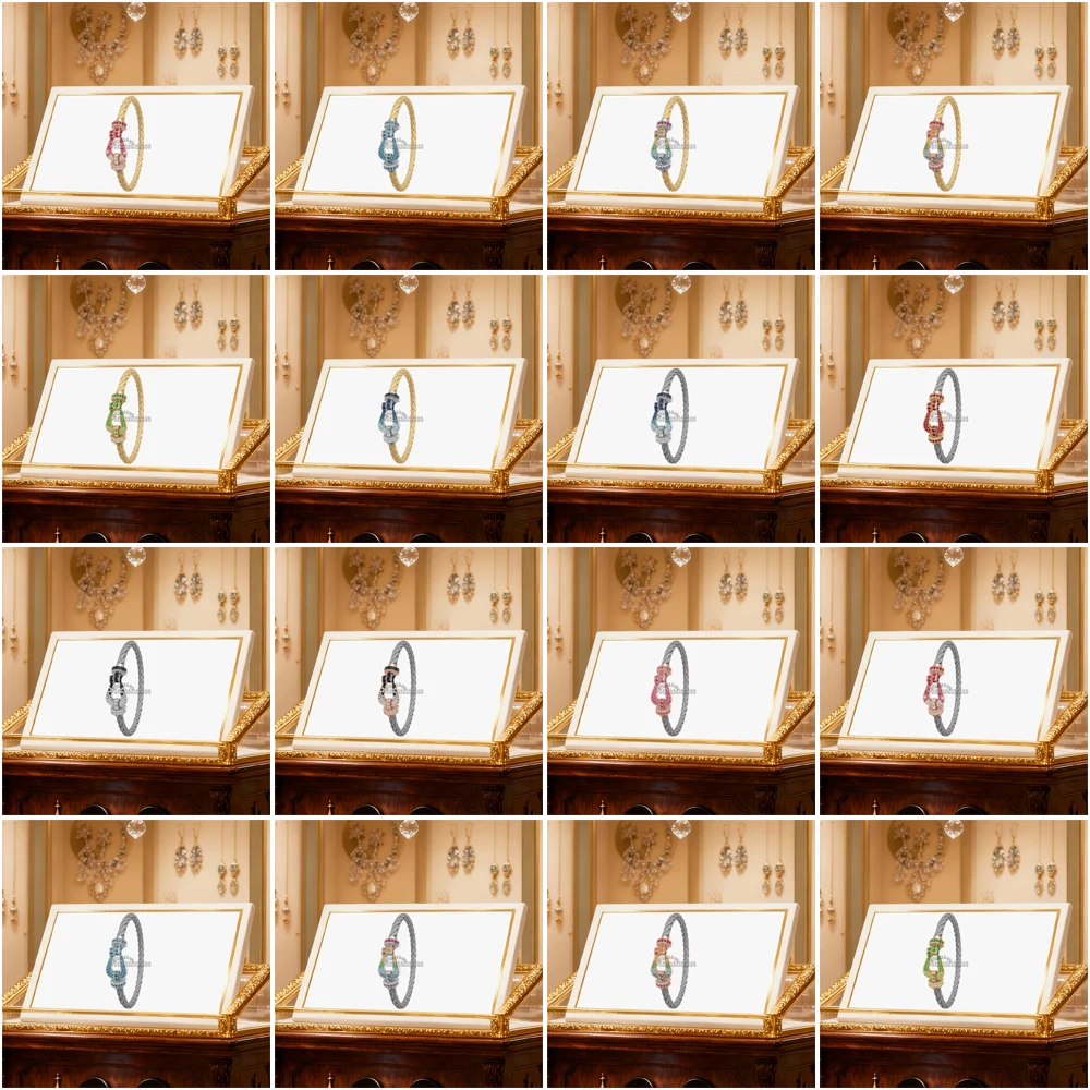 

Gryan 925 Silver Stainless Steel Rope Large All Zircon Horseshoe Bracelet Female Daily Wear Party Gifts Luxurious Couple Jewelry