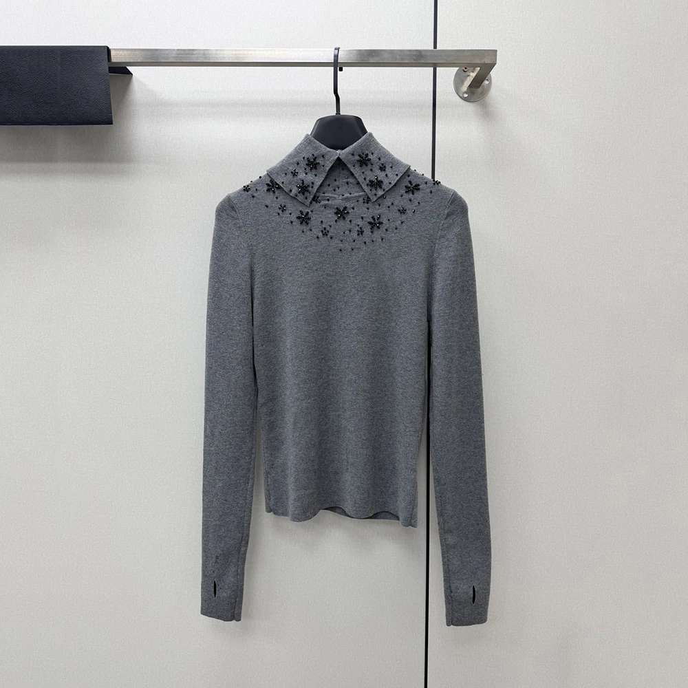 Hand-beaded Polo-collar Wool Blend Women's T-Shirt Elegant Commuter Long-Sleeve Knit Top T-Shirt 2026 Spring New Arrival Y2K