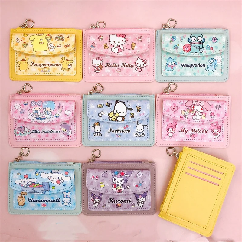 8 pcs/lot Sanrio Kuromi Melody Cat Card Holder Kawaii Keyring Bank Card ID Bus Card Holders Keychain Wallet Stationery Gift