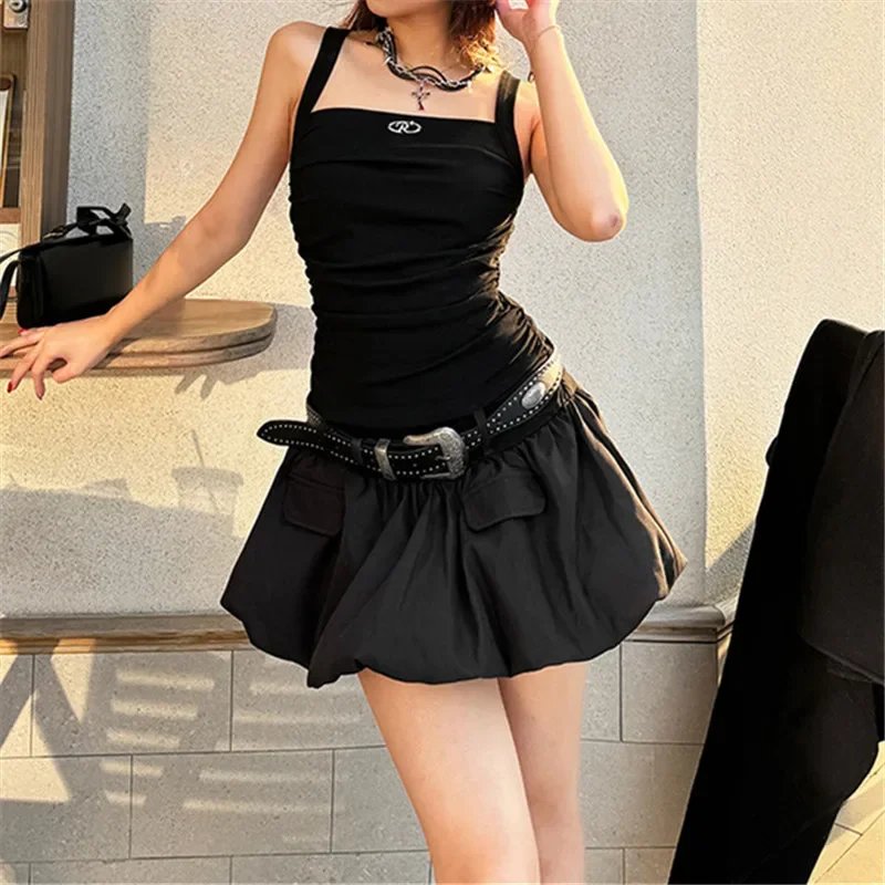 

2025 New Retro Dark Streetwear Fairycore Shoulder Straps Slim Waist Mini Dress Women Gothic Cyber Y2K Backless Pleat Hem Dresses