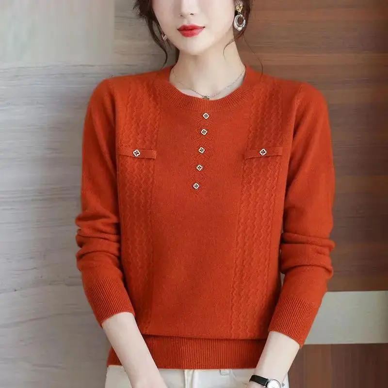 Autumn and Winter Women's Pullover Crew Neck Screw Thread Embroiled Flares Solid Long Sleeve Sweater Knit Fashion Casual Tops