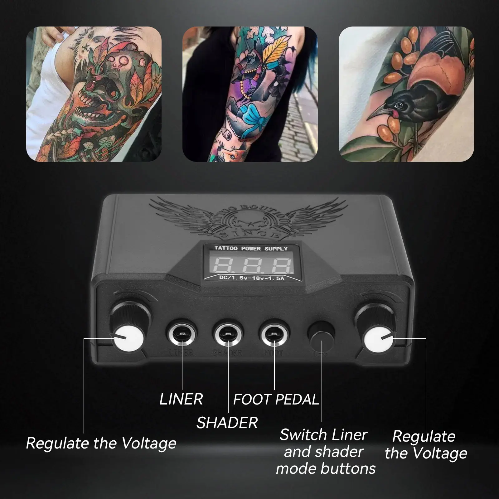 Black Tattoo Power Supply LCD Digital Dual Fuente De Poder Tatuaje Alimentation Tatouage for Clip Pedal Tattoos with Power Plug