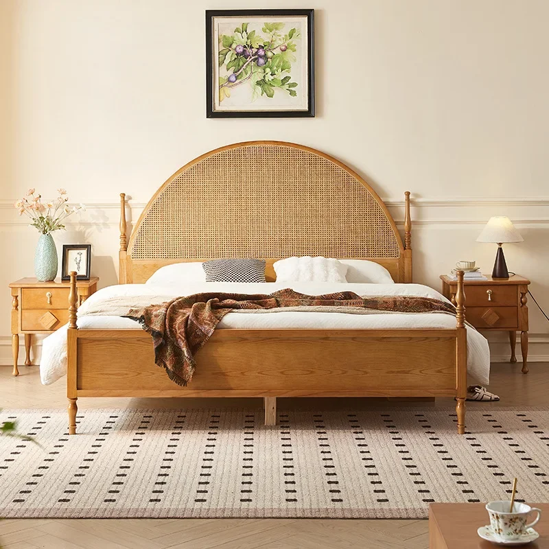 New Chinese style 1.5-meter solid wood bed, medieval style bedroom 1.8-meter bed, homestay hotel rattan semi-round bed