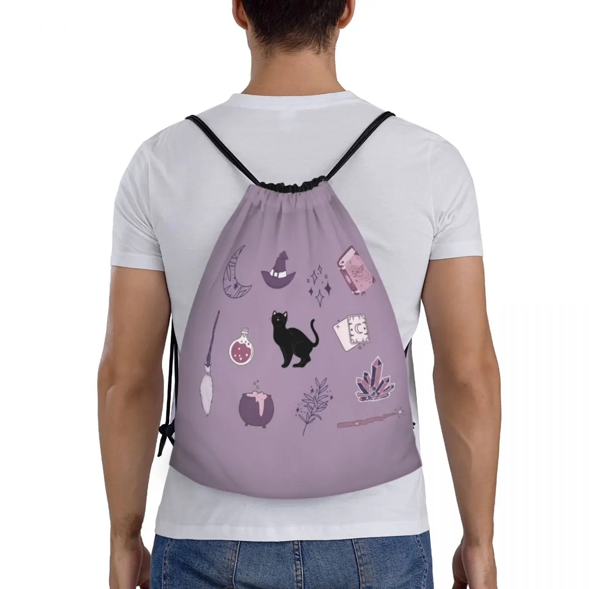 Mochila de cordão para homens e mulheres Pacote de bruxa roxa Saco de ginástica esportiva Halloween Spooky Cat Training Sackpack