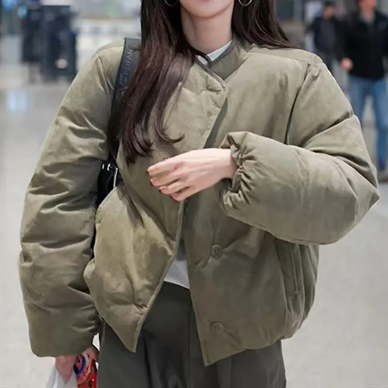 Women's Eco-Friendly Suede Puffer Coat, Fur Collar, Short-Length Warm Puffer Jacket, High-Quality Outerwear Jacket, Y2K Style