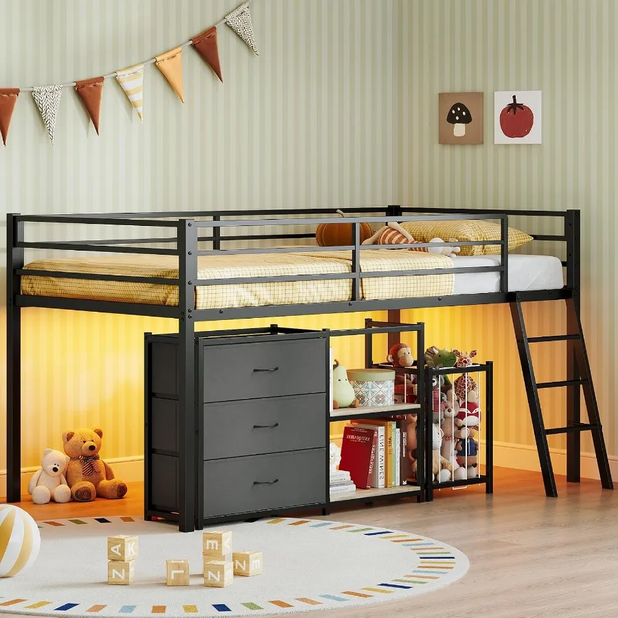 Low Loft Bed for'Room: Metal Twin Frame with 3 Drawers, 2-Tier Shelf, Toy Basket, LED Lights Inclined Ladder White