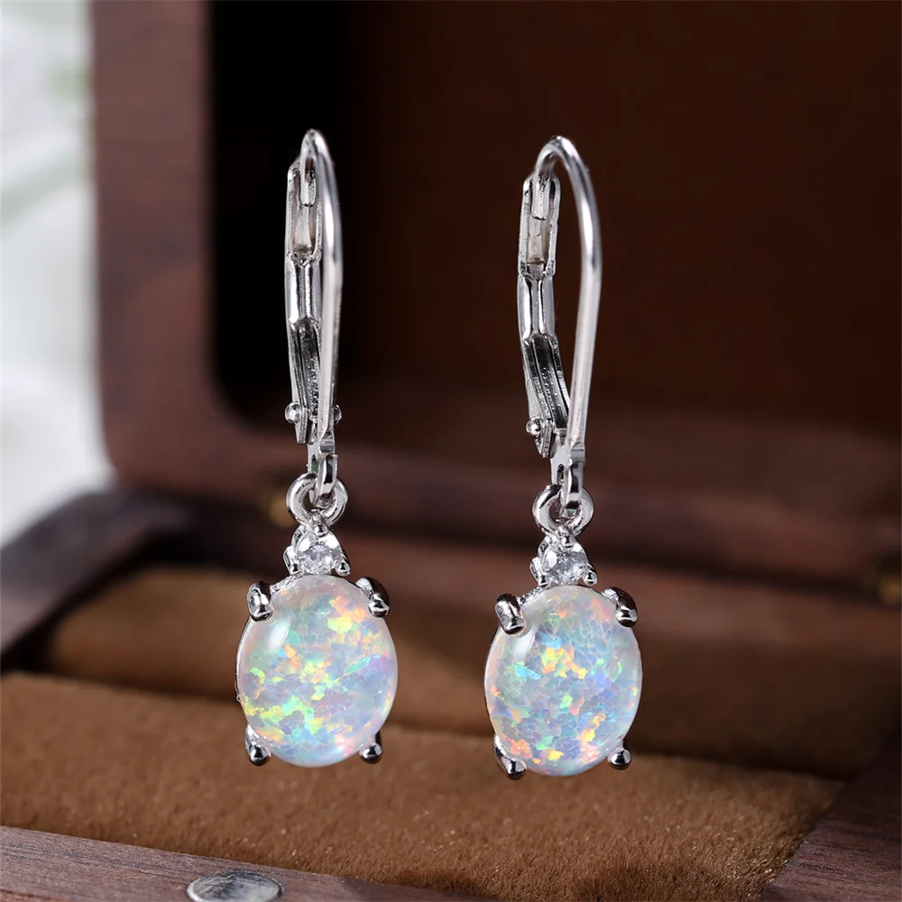 White Blue Opal Oval Stone Hoop Earrings For Women Real 925 Sterling Silver Wedding Jewelry Engagement Accessory