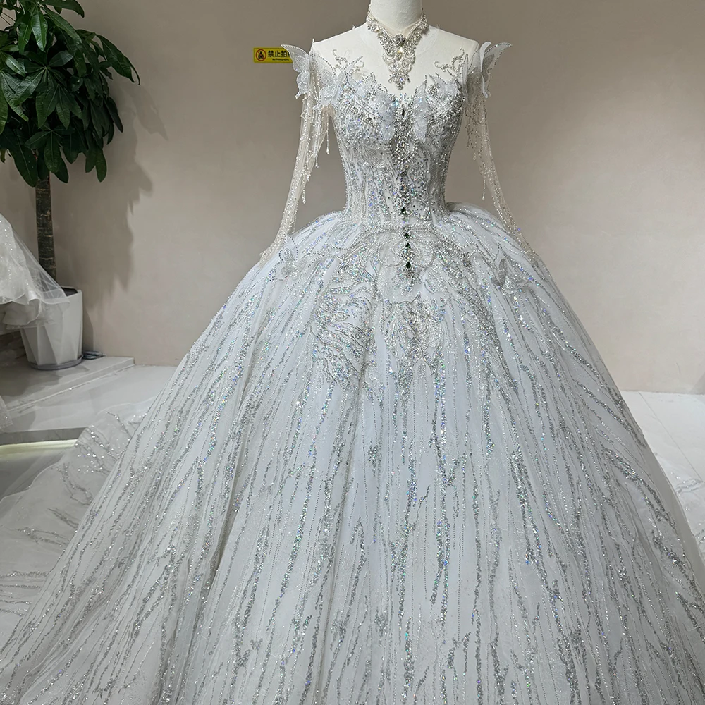 Customized Luxury 3D Flowers Ball Gown Dubai Wedding Dress Elegant Long Sleeves Pearls Arabic Bride Gowns Dw0011