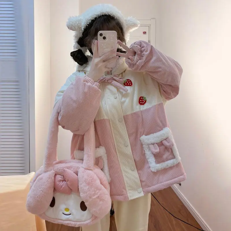 Cotton Jacket for Women 2025 Winter Plush Cute Strawberry Rabbit Ears Student Corduroy Cotton Jacket