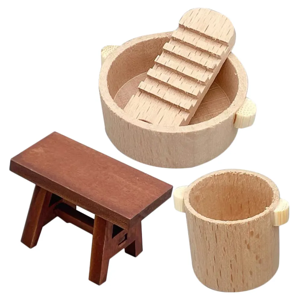 

1Set Mini Washing Set for Dollhouses Includes Washbasin Washboard Bucket Stool Realistic Mini Home Decor Craft Prop Delicate