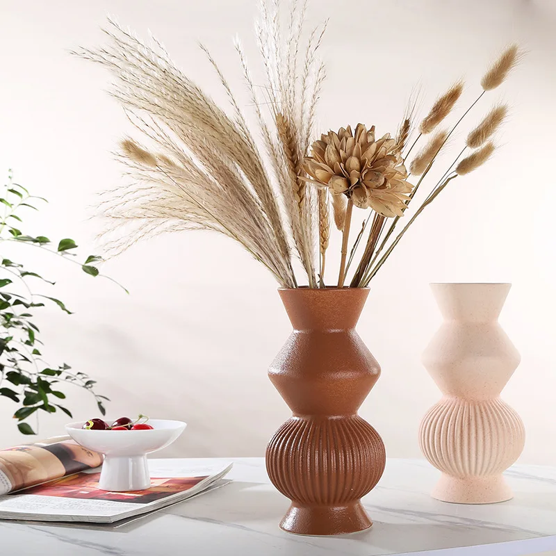 Nordic Ceramic Vase Simplicity Vertical Stripe Relief Dried Flower Organizer Desktop Creative Ornaments Modern Home Decoration