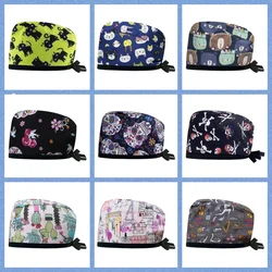 Cartoon Print Scrub Women Hat Adjustable Elastic Buckle Multicolor Pet Grooming Nutritionist Work Hospital Surgical Caps