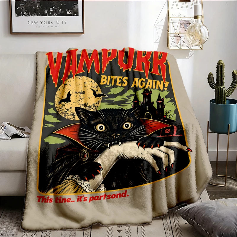 Funny Cat Halloween Flannel Throw: Vampurr Bites Again Halloween Flannel Blanket, Spooky Black Cat Lover, Funny Vampire