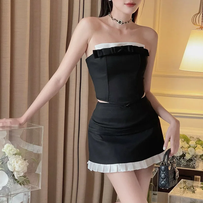 

Sexy Strapless Black Crop Top Skirt Women Two-Piece Set Summer Sleeveless Slim Corset Tank Patchwork Skirts Streetwear 2 Piece