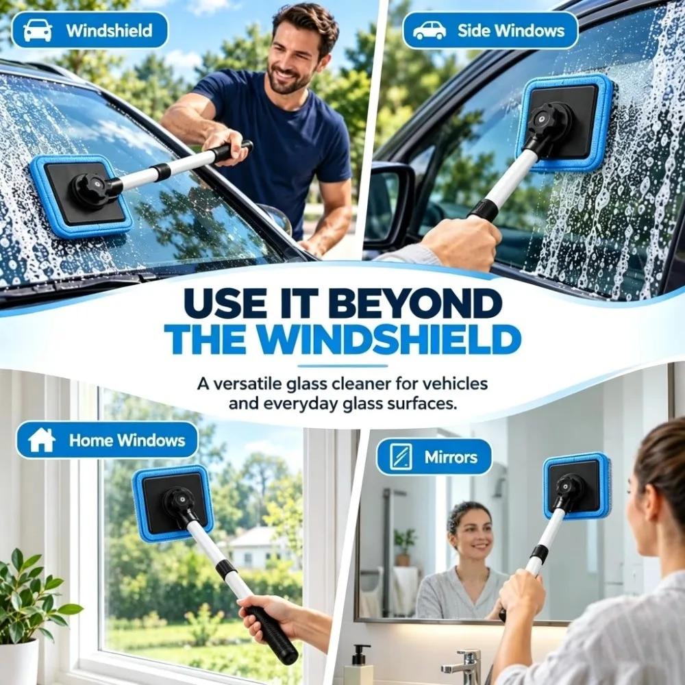 Extendable Handle Windshield Cleaning Tool Magnetic Lock Detachable Pads Car Glass Cleaning Kit Removable Wash Pad Compact