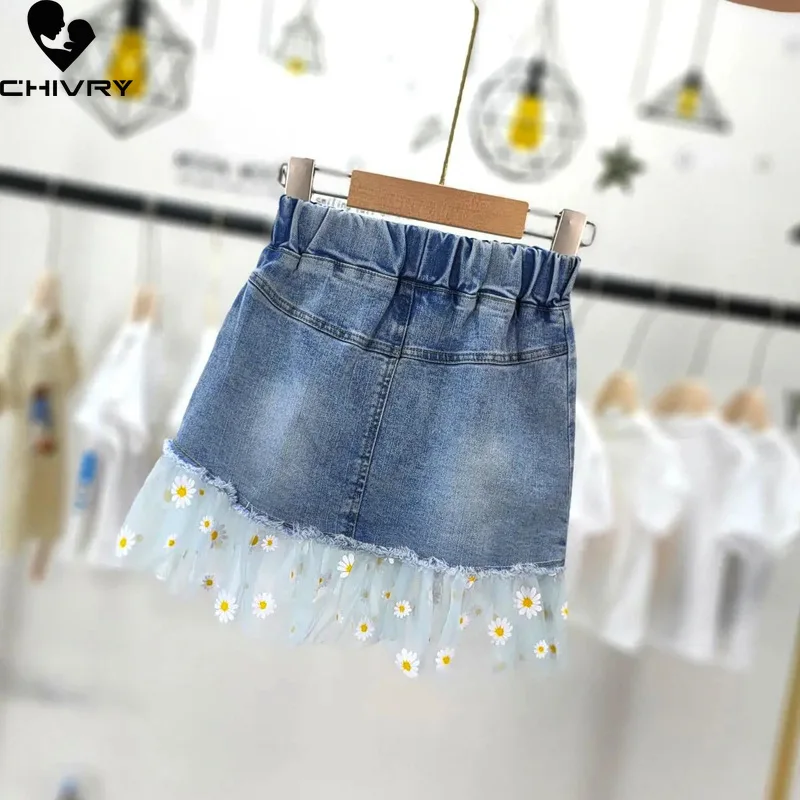 Summer New 2022 Kids Girls Fashion Skirts Mesh Patchwork Daisy Button Denim Skirt with Pockets Girls Children Casual Clothing