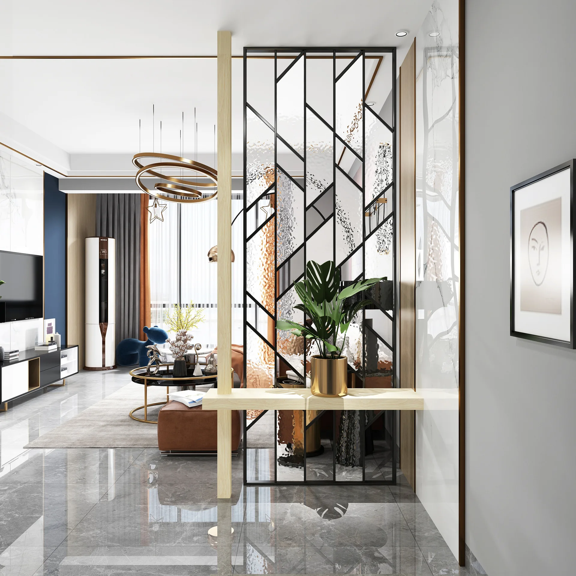 Nordic, kemewahan ringan, pintu masuk rumah, partisi, kaca, rumah, ruang tamu, wastafel, seni, layar