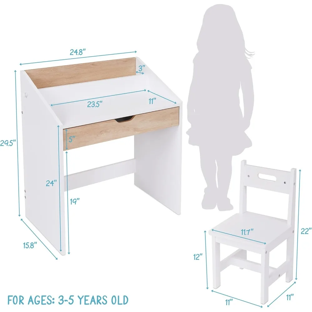 Toddler Wooden Study Desk and Chair Set, Home School Learning Workstation with Writing Table, Storage Drawer, Tabletop Organizer