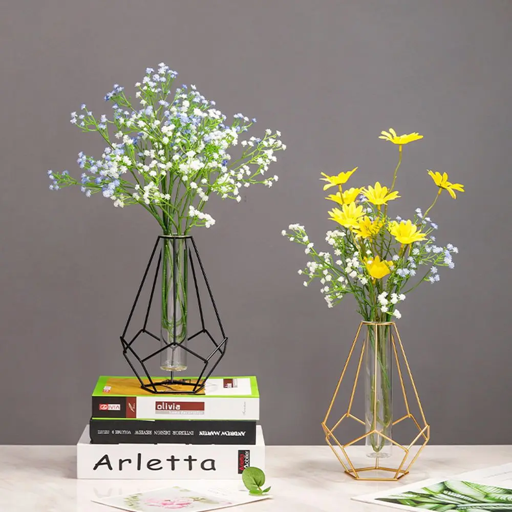 Handgefertigter Terrarium-Metallhalter Heimdekoration Hydroponische Blumenvase Geometrischer Linienrahmen Glas-Reagenzglas Eisenkunst-Vase Handwerk