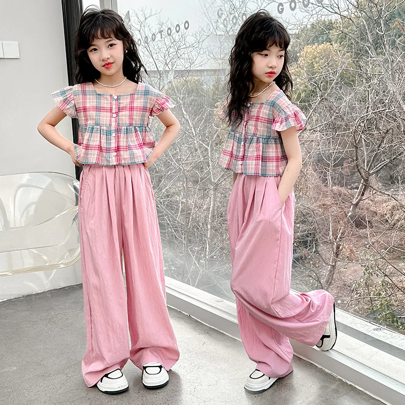 

Girls Suits Doll Shirt Short-sleeved Set Summer 2024 Foreign Style Plaid Shirt Girls Wide-leg Pants Two-piece Set Clothes