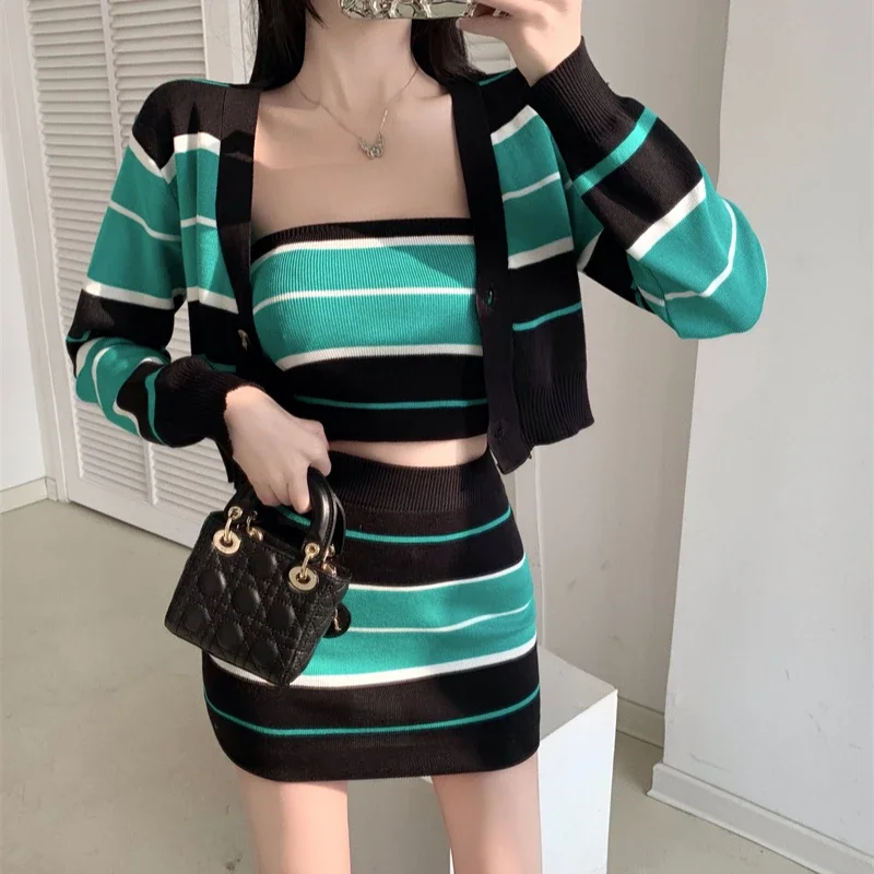 Sexy Two Piece Set Women Fashion Basic Stripy slim Tube Top + Cardigan + Skirt Suits High Street Sheath Knitted 3 Pieces Sets