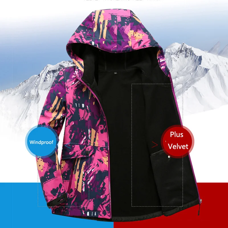 Men Women Outdoor Winter Softshell Camo Jackets Plus Velvet Windproof Waterproof Thermal Windbreaker Climbing Skiing Hiking Coat