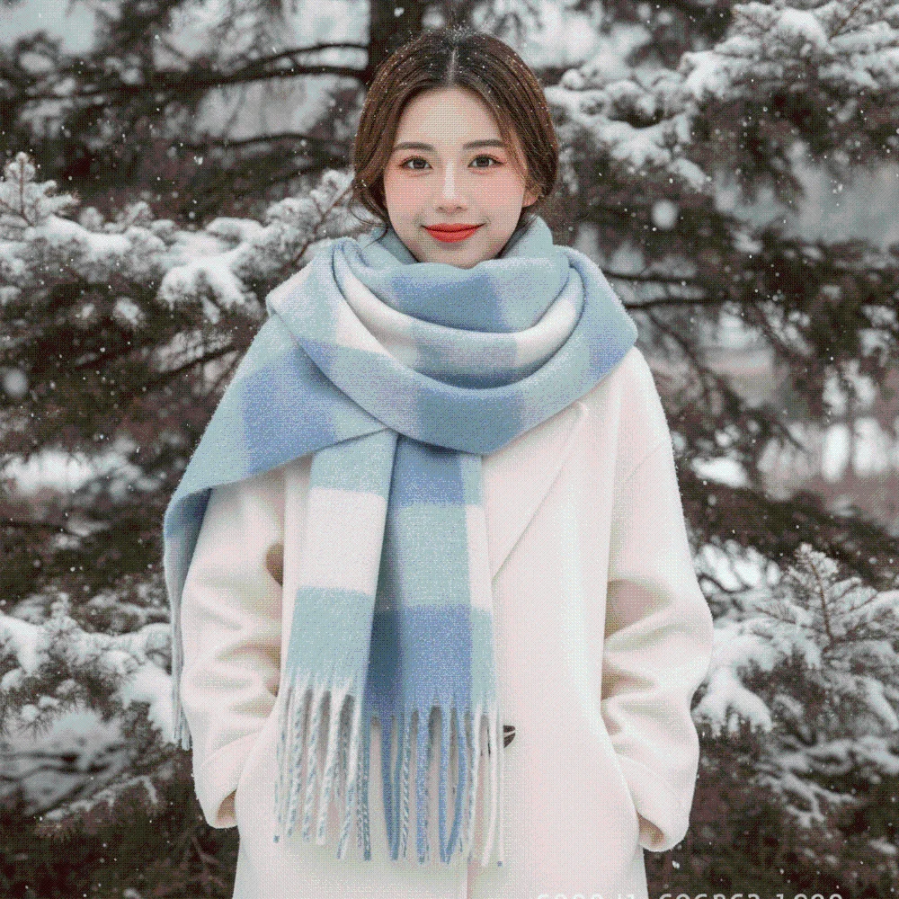 Blue White Plaid Fringe Scarf Tartan Checkered Thick Woolen Blue Checkered Muffler Retro Design Soft Acrylic Winter Warm Shawl