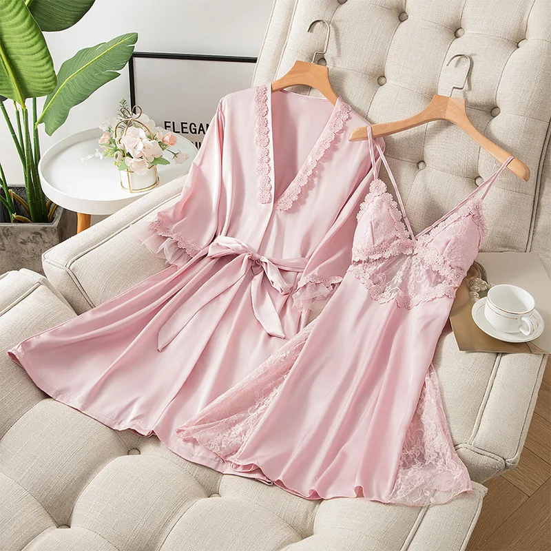 2PCS Kimono Robe Set Womens Satin Sleepwear Nightgown Sexy Casual Loungewear Home Wear Intimate Lingerie Lace Bathrobe Gown