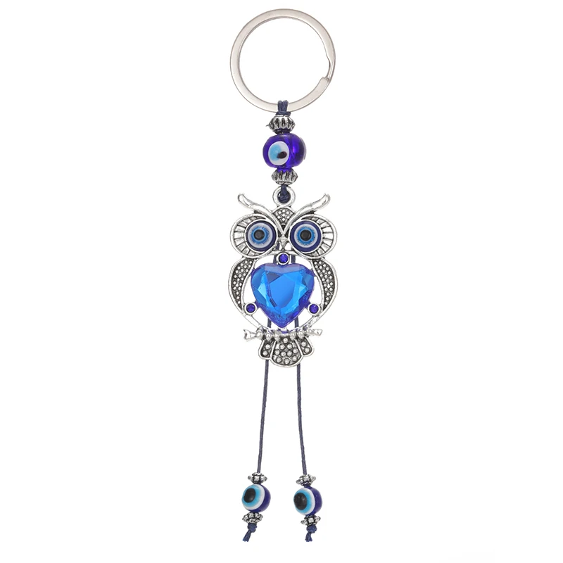 Crystal Blue Evil Eye Owl Animal Keychain Keyring For Women Men Glass Trendy Retro Turkish Lucky Eye Bead Tassel Bag Car Jewelry