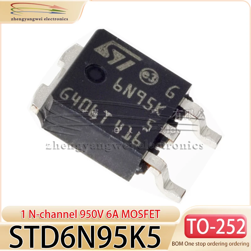 STD6N95K5 TO-252 6N95K5 5PCS 6A 950V N-channel 950 V, 1 Ω typ., 9 A MDmesh™ K5 Power MOSFETs in DPAK,  Field-effect transistor