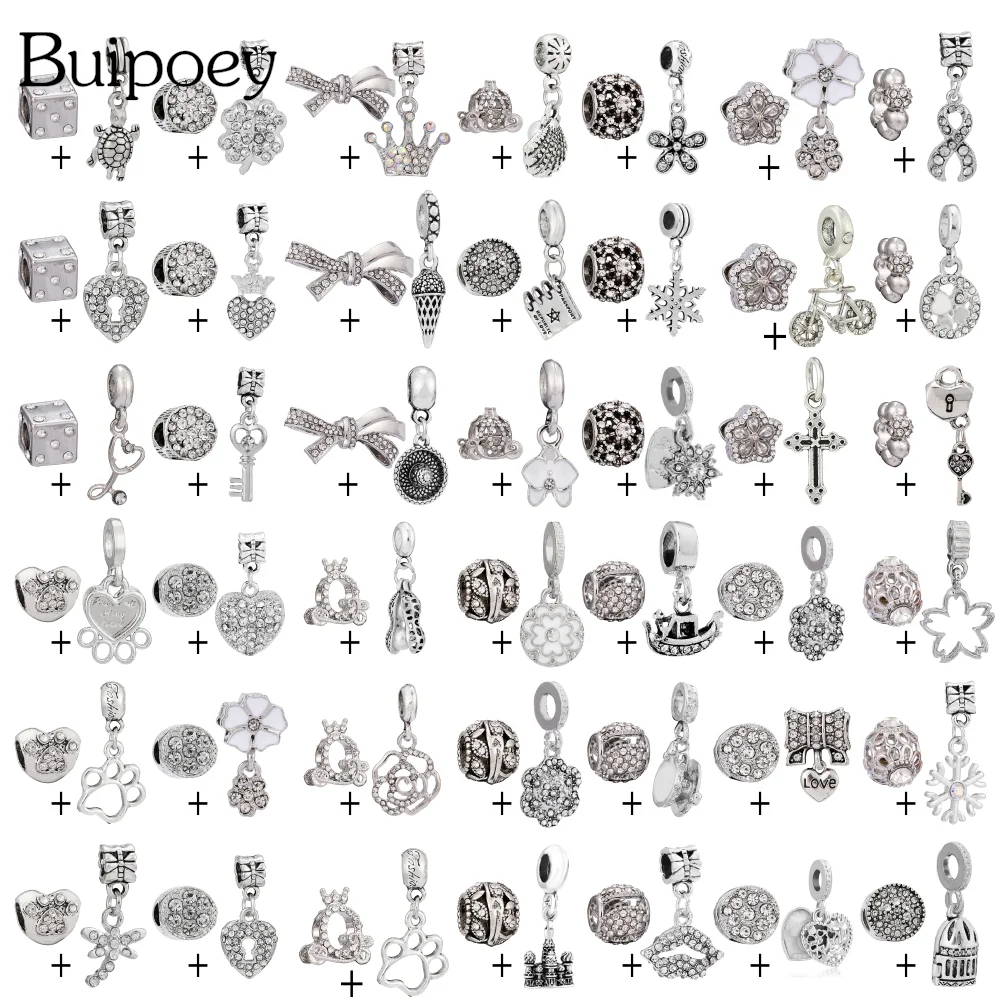 Buipoey 2pcs Silver Color Rhinestone Tree Of Life Dice Beads & Peanuts Rose Charm Cross Pendant Diy Bracelet Necklace Accessory