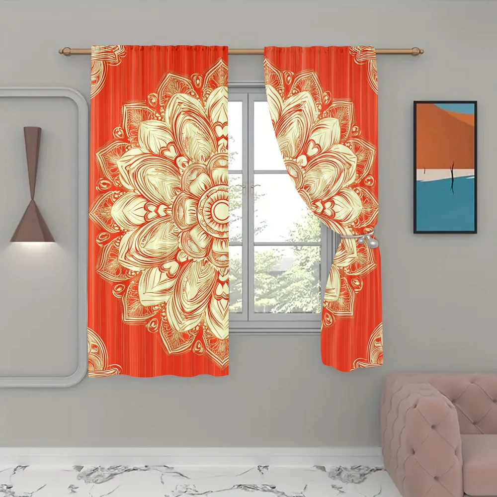 2Pcs Oriental Curtains Round Flower Design Bohemian Concepts Outline Ornament Graphic Living Room Bedroom Drapes K